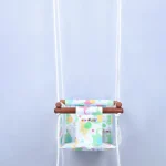 elephant shape in polka dot and line patterned prints in red, yellow, green color adjustable baby swing