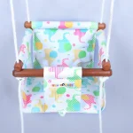 elephant shape in polka dot and line patterned prints in red, yellow, green color adjustable baby swing