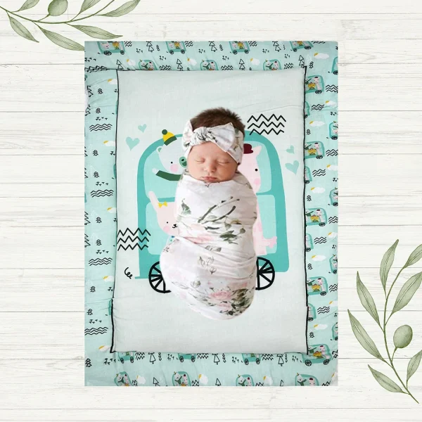 panda going to school and giraffe as a bus driver cartoon print infant tummy time mat with baby sleeping peacefully on it filled with super soft cotton by newcomers