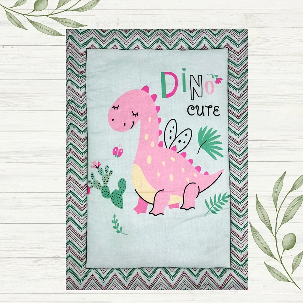 warm colored fabric with cute pink butterfly dinosaur cartoon print newborn mat filled with cozy materials made by newcomers.