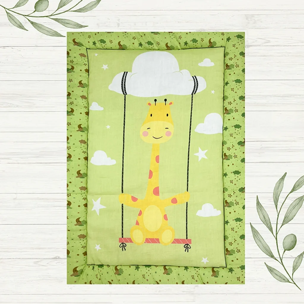 green color fabric with yellow giraffe happily swinging on cloud swing childrens car mat made by newcomers