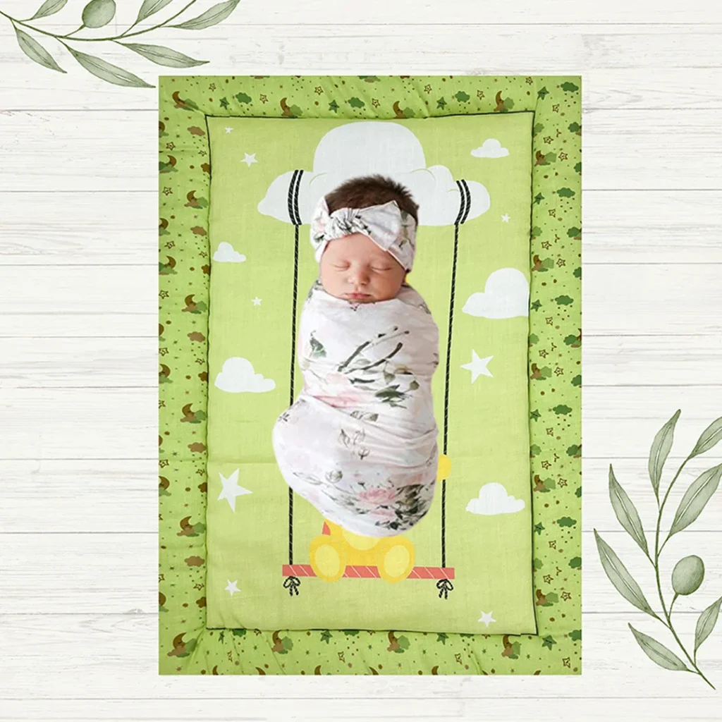 green color fabric with yellow giraffe happily swinging on cloud swing childrens car mat with baby sleeping peacefully on it made by newcomers