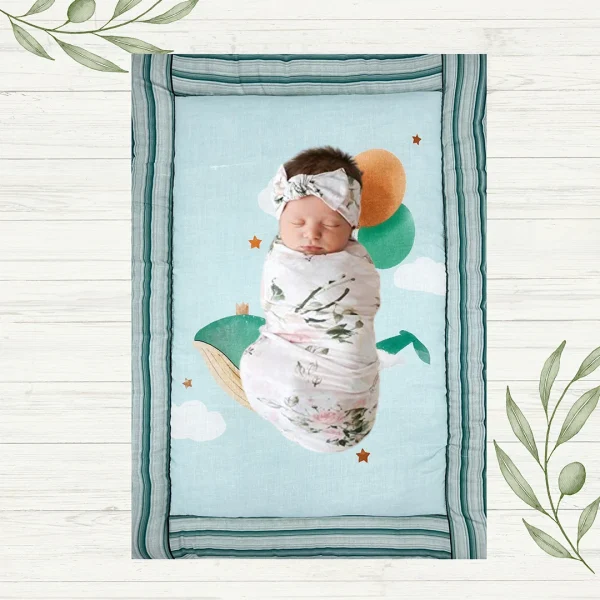 castle on whale flying with balloons cartoon print baby mat with baby sleeping peacefully on it filled with cotton made by newcomers