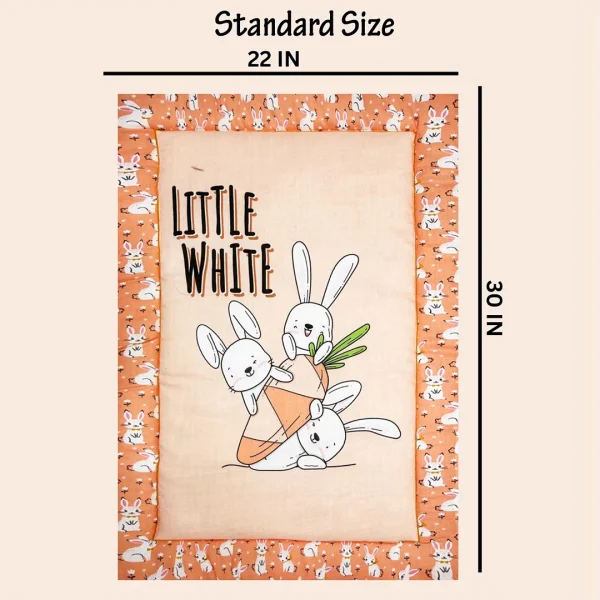 orange color fabric 3 bunnies holding a big carrot cartoon print changing table mat of 22 by 30 inch size made by newcomers