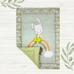 female rabbit in jumpsuit sitting on a rainbow saying "Hello" cartoon print kindergarten floor mat made by newcomers