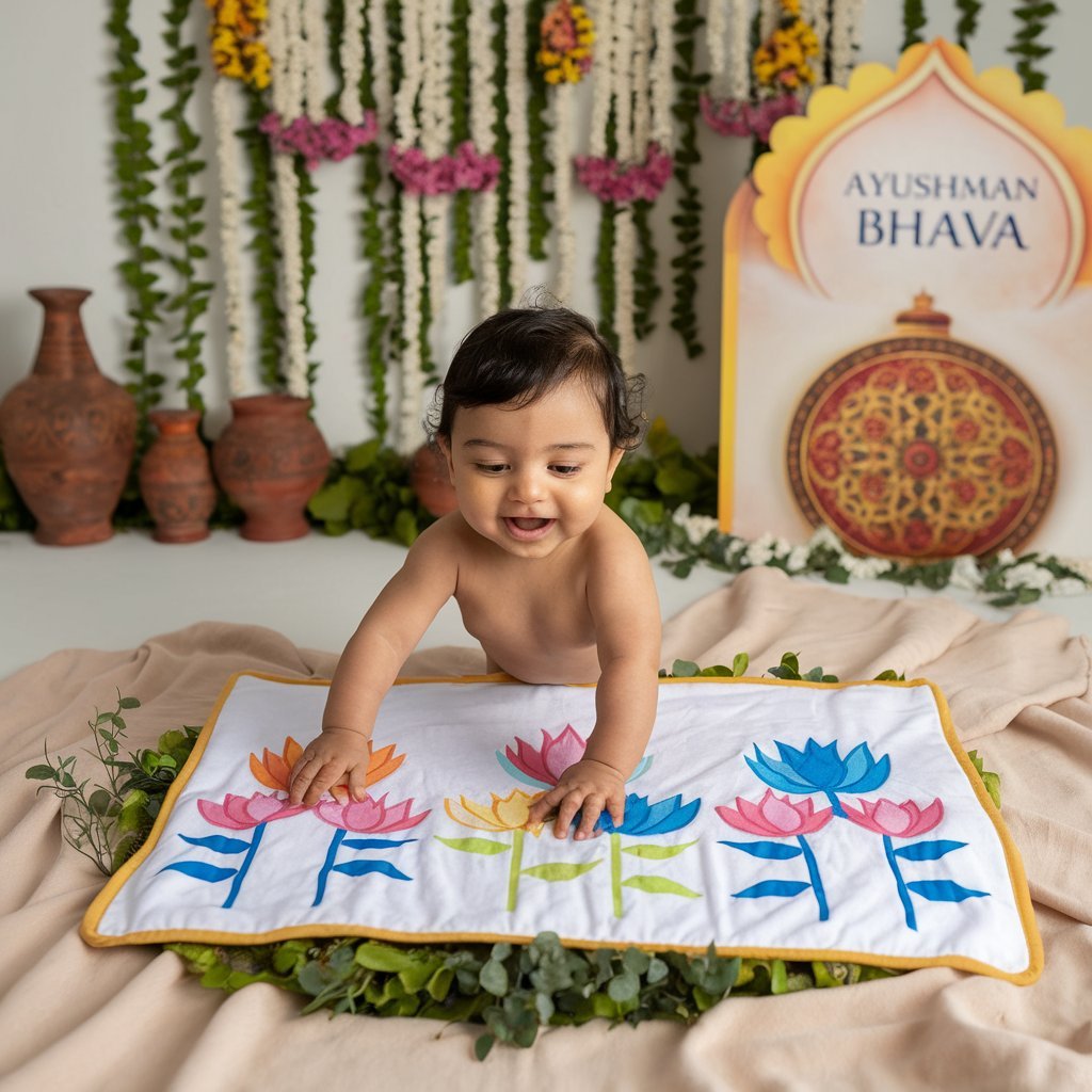 Baby monthly milestone photo ideas with Ayushman Bhava with flowers