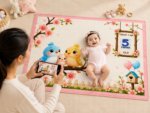 Baby Pink Soft Organic Cotton Block Print Milestone Blankets For Babies (With 1 to 12 Month Cards) - Image 3