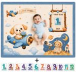Blue Nursery Print Beautiful Organic Fabric Baby Milestone Blankets (With 1 to 12 Month Cards)