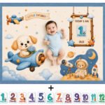 Blue Nursery Print Beautiful Organic Fabric Baby Milestone Blankets (With 1 to 12 Month Cards)