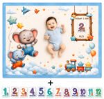 Sea Blue Easy To Carry Designer Baby Milestone Blankets Online (With Wooden Frames)