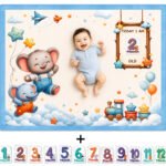 Sea Blue Easy To Carry Designer Baby Milestone Blankets Online (With Wooden Frames)