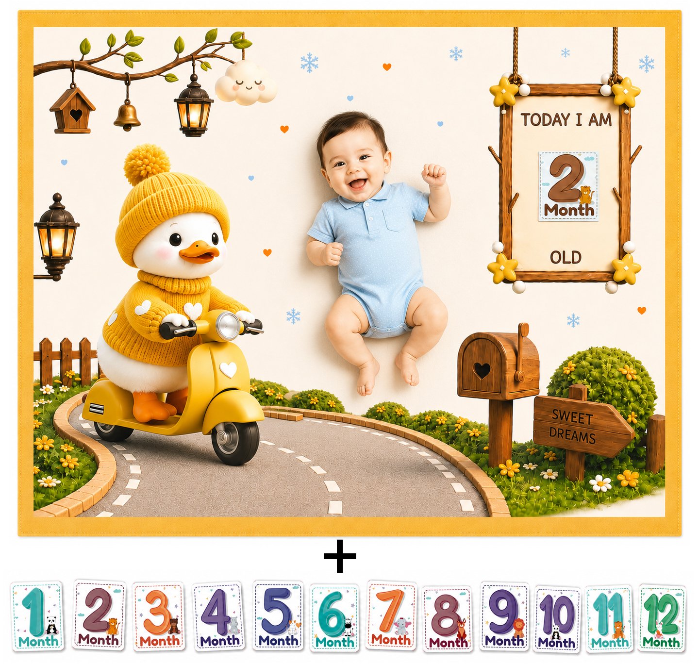 CARD_11 (1) Mustard Color Easy To Carry Designer Baby Milestone Blankets Online (With 12 Months Cards) - Image 1
