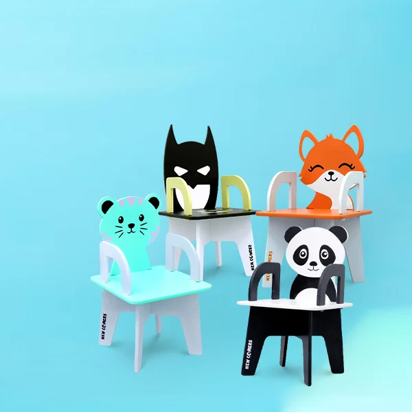 Best Kids Chair - DIY assemble, foldable wooden chairs for kids with Back designed in cut outs of famous characters - batman, kung fu panda, happy fox and a buck cat