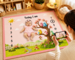 Baby Pink Soft Bird Print Milestone Mat For Babies (With Round Frames) - Image 2