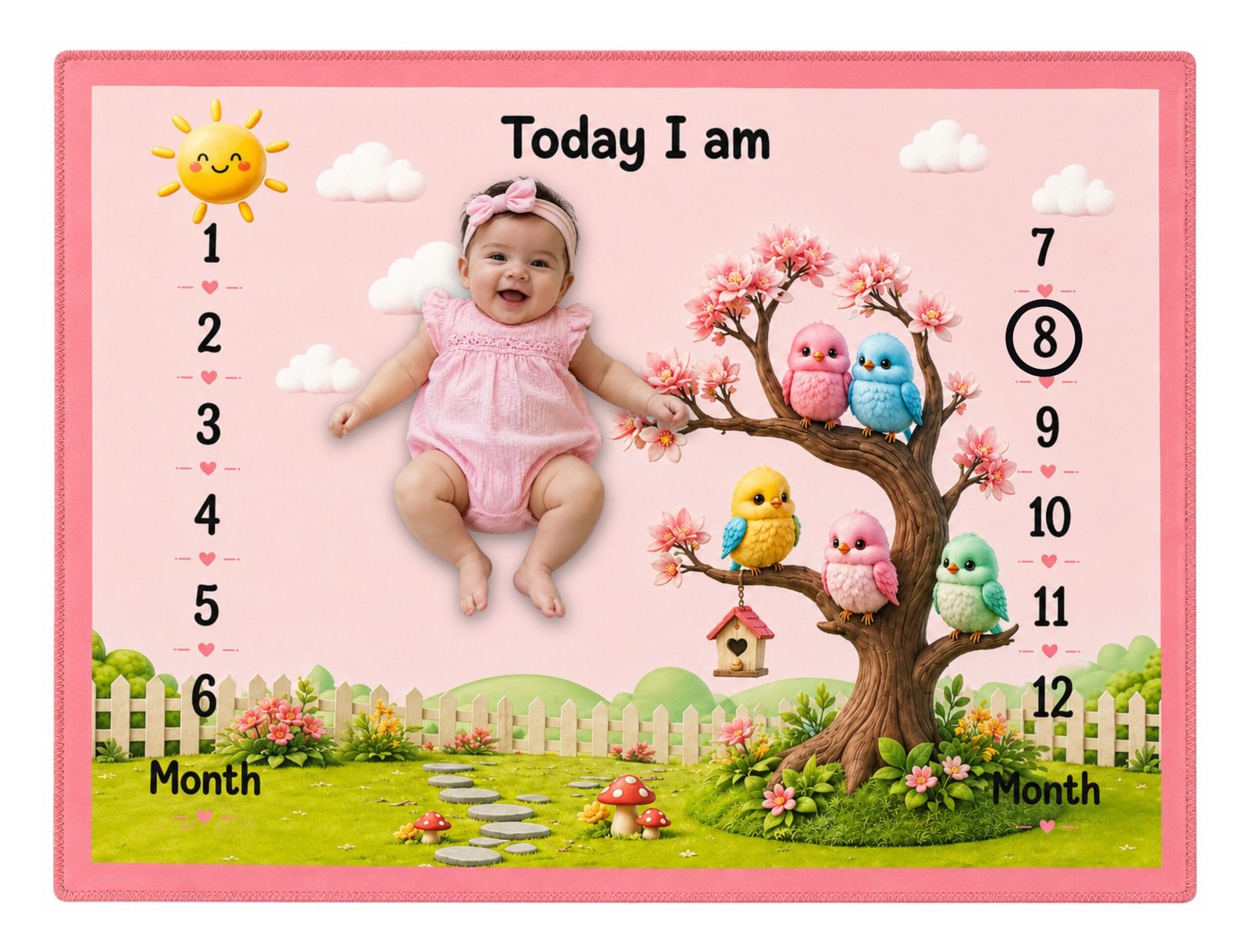 MQLT_13 (1) Baby Pink Soft Bird Print Milestone Mat For Babies (With Round Frames) - Image 1