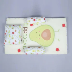 Yellow fabric toddler bedding set with avocado cartoon print saying "avocuddle" design. Organic crib bedding sets comes with bed mattress, a pillow and bolster made by newcomers