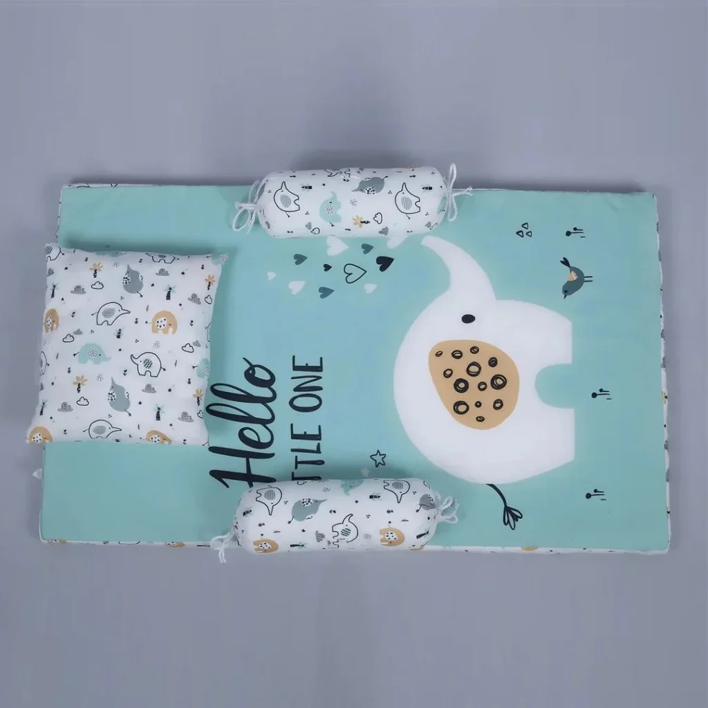 Sky blue white fabric winter bedding set with baby elephant cartoon print design. Crib baby bedding pieces comes with bed mattress, a pillow and bolster made by newcomers