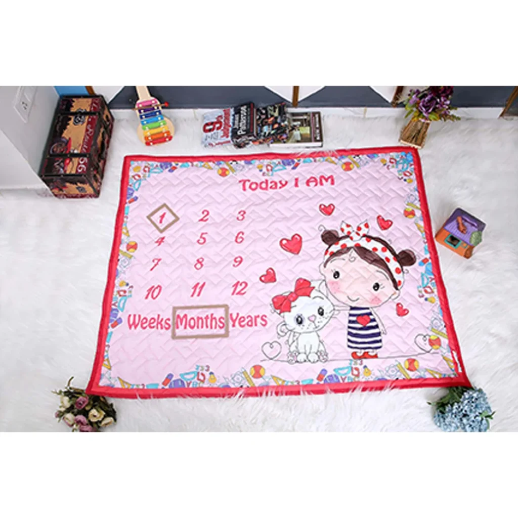 Pink monthly milestone blanket with girl and her cat sharing a bond of love cartoon print muslin quilt blankets by newcomers