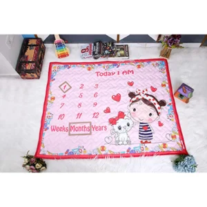 Pink monthly milestone blanket with girl and her cat sharing a bond of love cartoon print muslin quilt blankets by newcomers