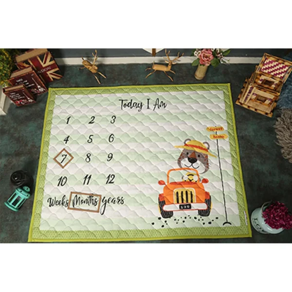 Parrot green monthly milestone blanket with tiger in hat driving Jeep cartoon print reversible milestone quilts by newcomers