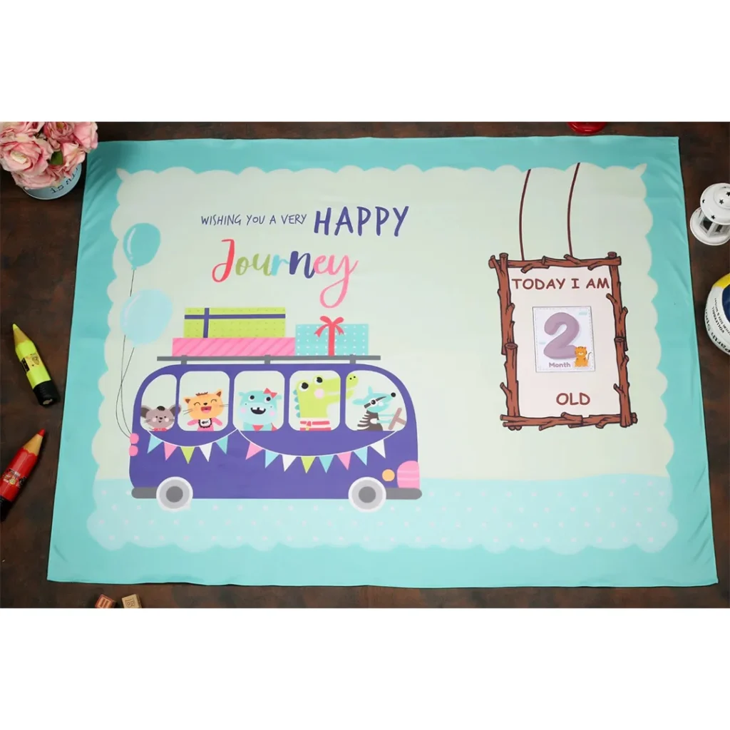 Blue fabric newborn photography blankets with animals in the bus wishing "a very happy journey" cartoon print fleece blanket by newcomers