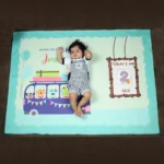 Blue fabric newborn photography blankets with animals in the bus wishing "a very happy journey" cartoon print fleece blanket with baby sleeping on it by newcomers