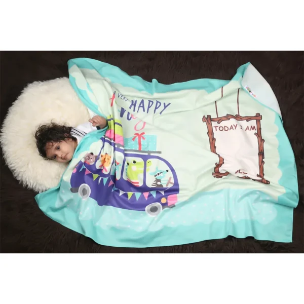 Blue fabric newborn photography blankets with animals in the bus wishing "a very happy journey" cartoon print fleece blanket and baby sleeping inside by newcomers