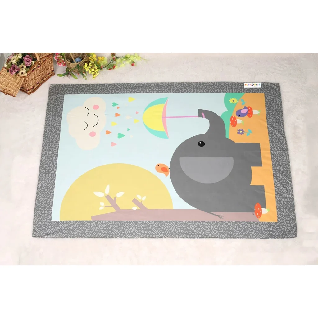 buy baby mink blankets with Grey orange fabric with elephant holding umbrella with trunk and happy rainy cloud cartoon print cot bed mink duvet by newcomers