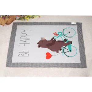 brey brown new born fleece blanket with happy bear riding blue bicycle and "BE HAPPY" written above mink blankets for newborns by newcomers