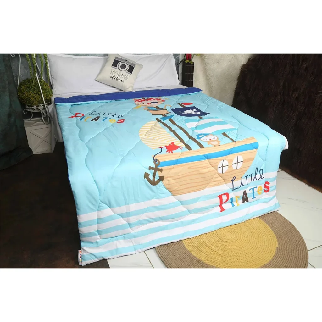 Light and dark blue reversible single bed comforters online with little pirate prints by newcomers