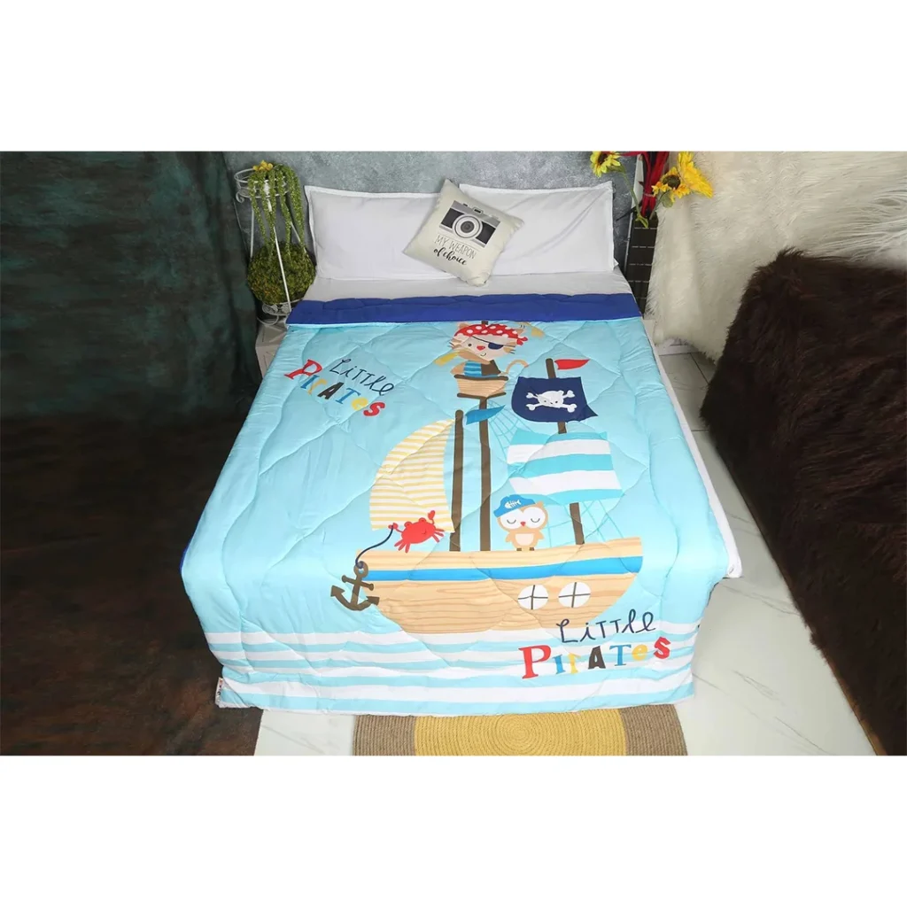 Light and dark blue reversible single bed comforters online with little pirate prints by newcomers