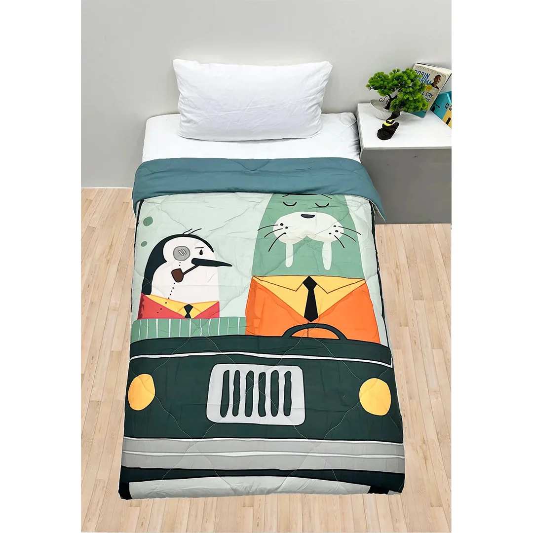 An illustration of a penguin and a dog in a car designed winter comforter quilt duvet set by Newcomers