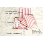 white and red horizontal line fabric baby swing laying on fur rug showing all the parts of jhula, 1 durable wooden seat cover, 1 swing bucket, 2 "s" hooks, 2 pillows for seat and back