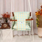 Blue-Yellow-White checks patterned adjustable swing, portable swing for babies comes with 2 pillows for utmost comfort ,jhula ideal for babies from 6 months old to 8 years old, perfect gifting solution