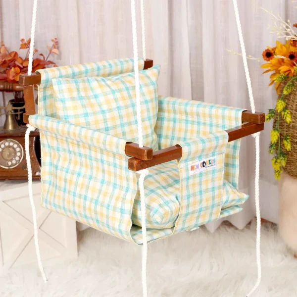 Blue-Yellow-White checks patterned adjustable swing, portable swing for babies comes with 2 pillows for utmost comfort ,jhula ideal for babies from 6 months old to 8 years old, perfect gifting solution