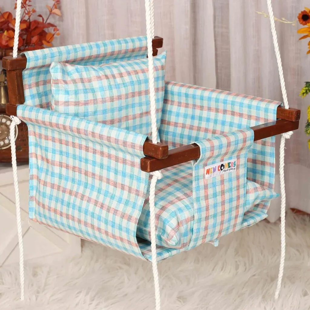 checks patterned adjustable swing, portable swing for babies comes with 2 pillows for utmost comfort ,jhula ideal for babies from 6 months old to 8 years old, perfect gifting solution