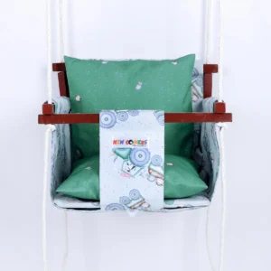 grey tractor print best baby swing bucket jhula with light green pillows for utmost comfort hanging with ropes through wooden frame