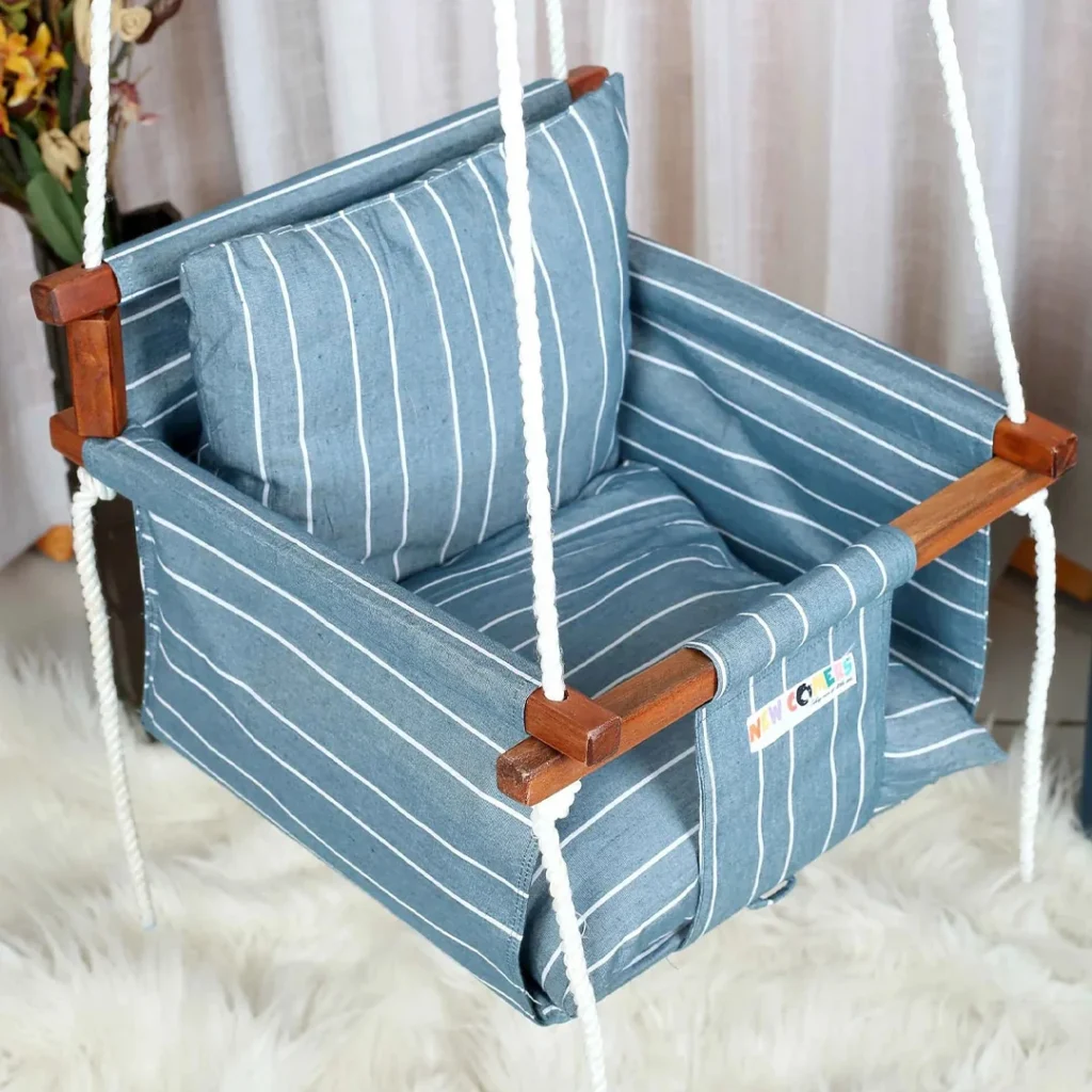 light blue white line newborn baby jhula swing with pollows, Newborn swing set designed for indoor and outdoor use