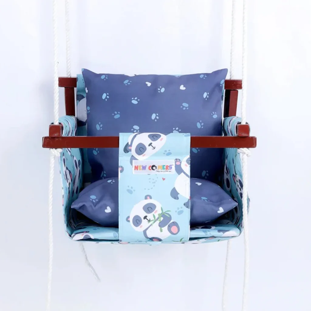 Light blue fabric with panda print bucket jhula with dark blue panda foot print fabric pillows for babies, The ultimate 2 year baby jhula, built with safety and fun in mind.