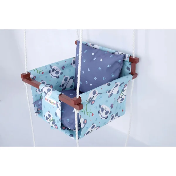 Light blue fabric with panda print bucket jhula with dark blue panda foot print fabric pillows for babies, The ultimate 2 year baby jhula, built with safety and fun in mind.