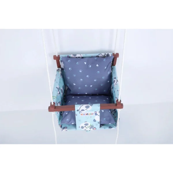 Light blue fabric with panda print bucket jhula with dark blue panda foot print fabric pillows for babies, The ultimate 2 year baby jhula, built with safety and fun in mind.