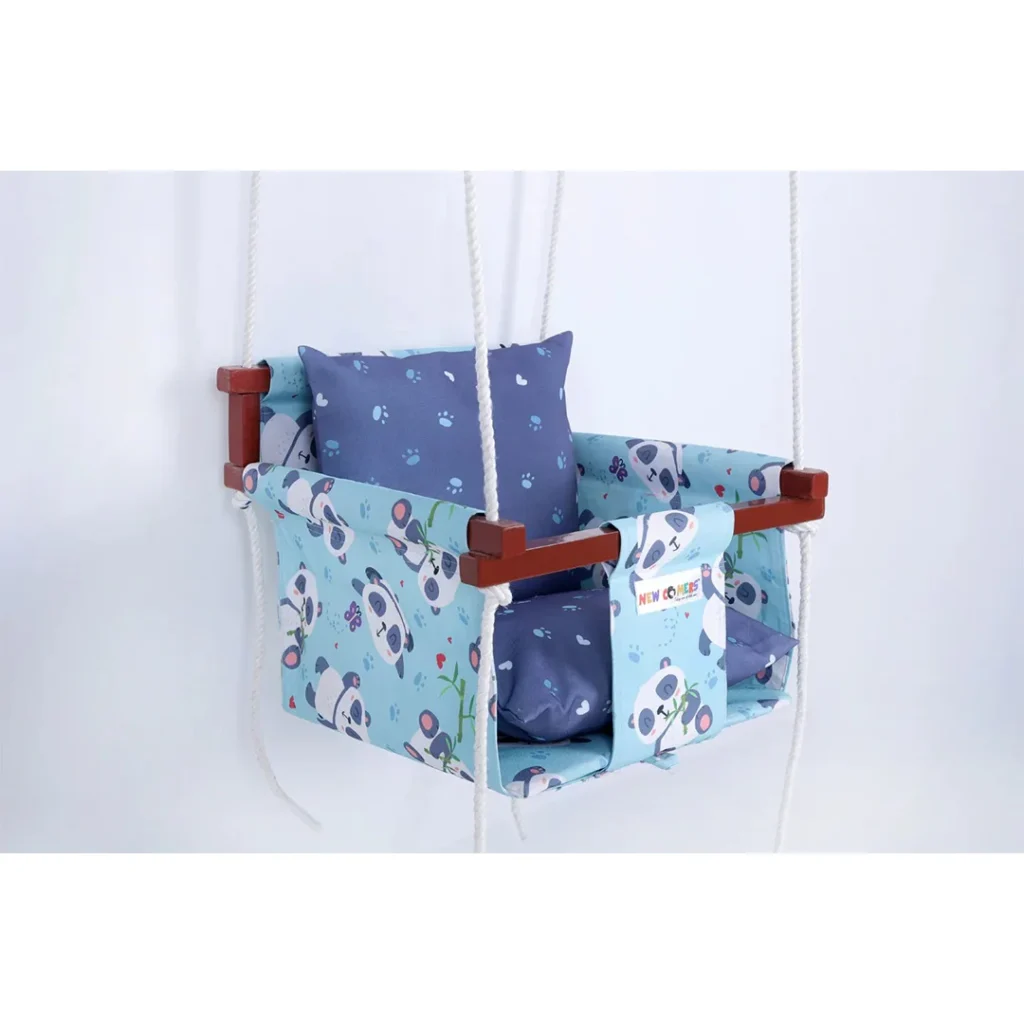 Light blue fabric with panda print bucket jhula with dark blue panda foot print fabric pillows for babies, The ultimate 2 year baby jhula, built with safety and fun in mind.