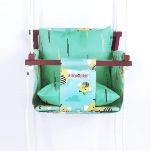 Green fabric with yellow butterfly print bucket swing with pillow for back and sitting Baby swing set indoor with safety features