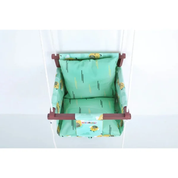 Green fabric with yellow butterfly print bucket swing with pillow for back and sitting Baby swing set indoor with safety features