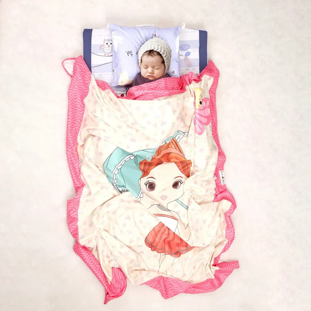 Pink fabric newborn photography fleece blankets with cute girl holding umbrella and a butterfly flying over cartoon print and baby sleeping inside mink blanket by newcomers