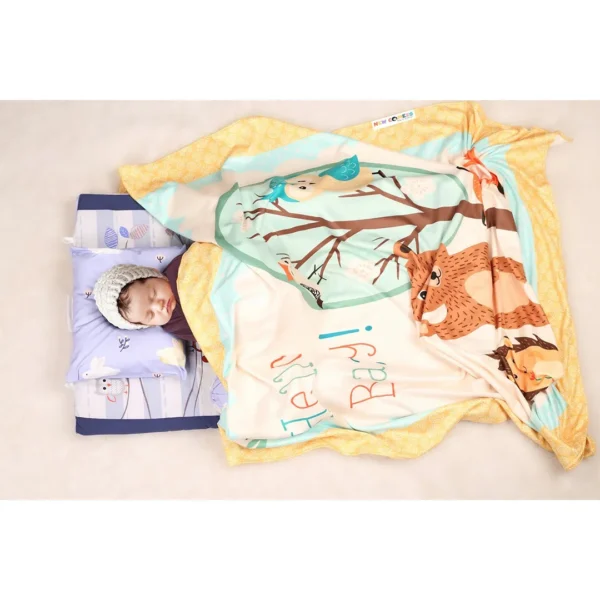 Yellow blue premium first blanket for babies with panda, fox cartoon prints and baby sleeping inside mink blanket by newcomers