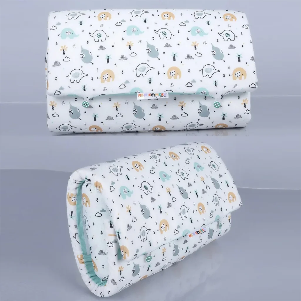 Folded bed in bag Sky blue white fabric winter bedding set with baby elephant cartoon print design. Crib baby bedding pieces comes with bed mattress, a pillow and bolster made by newcomers