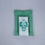 Green colored cartoon cute small elephant saying "Hello Little One" print infant nest for super comfy sleep - newborn sleep pod by newcomers