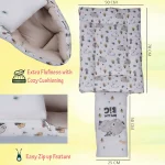 a newborn nest product dimensions and zip feature illustrated. baby nest comes in total 50cm width and total unfolded length of 120cm made by Newcomers