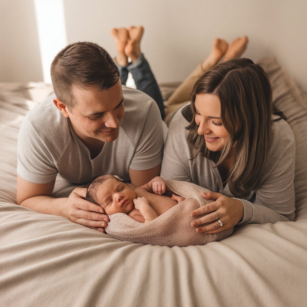 Newborn photoshoot with parents Laying Down